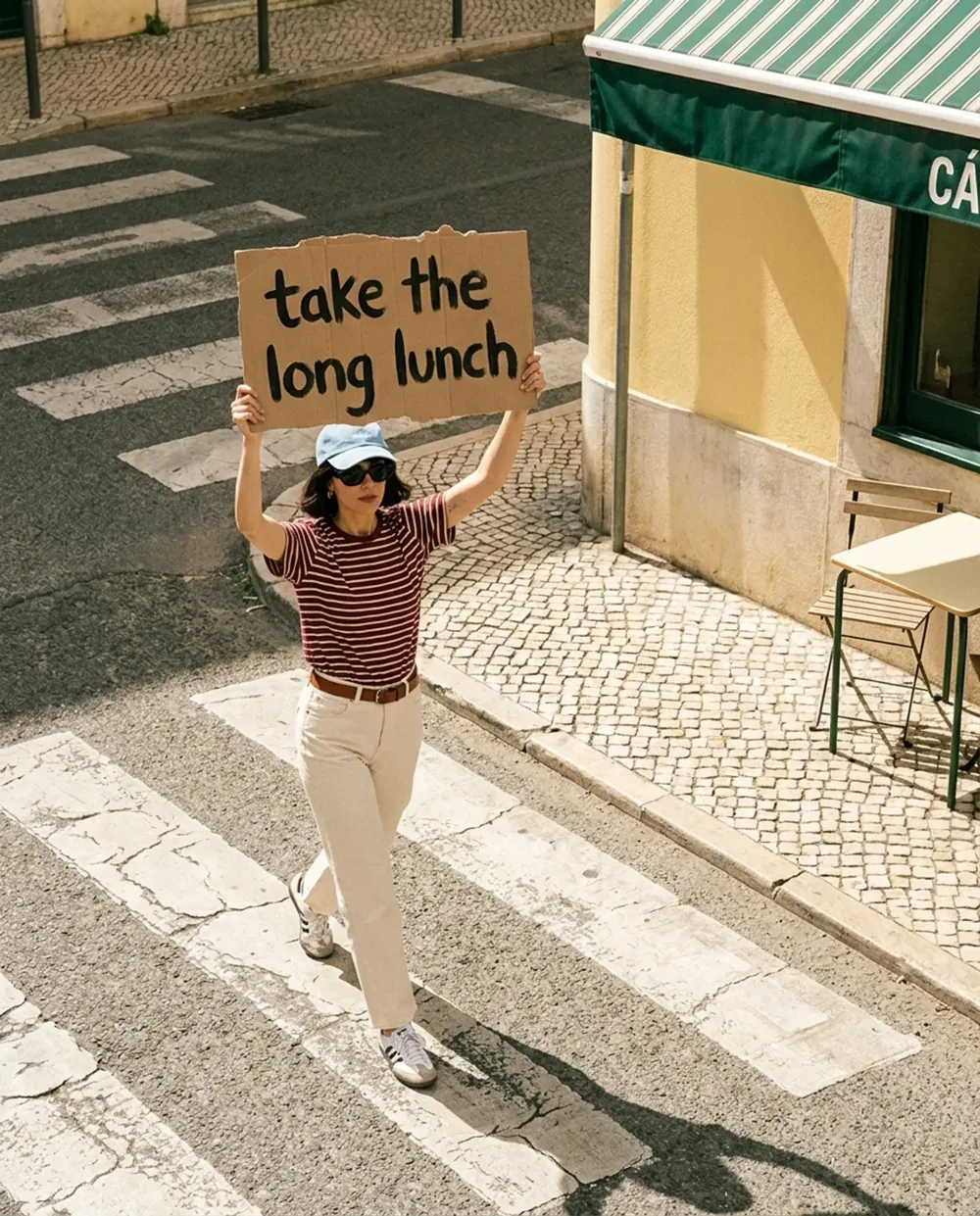 A woman crossing a sunlit street holding a sign that reads “take the long lunch”