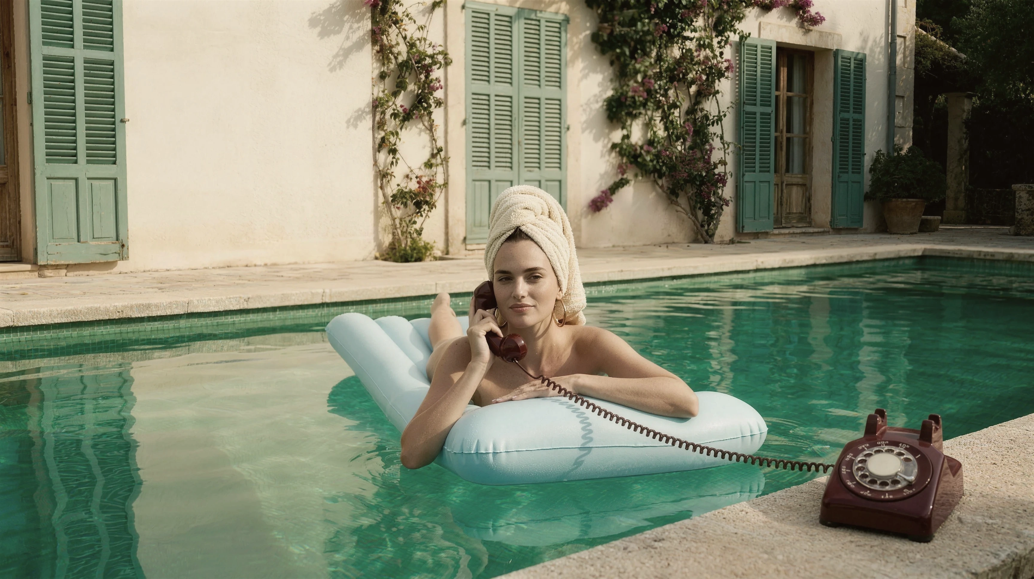 A woman on a pool float taking a call on a rotary phone by the water's edge