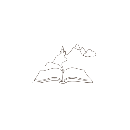 Line drawing of an open book with a rising story arc