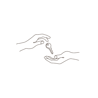 Line drawing of a key passed between two hands