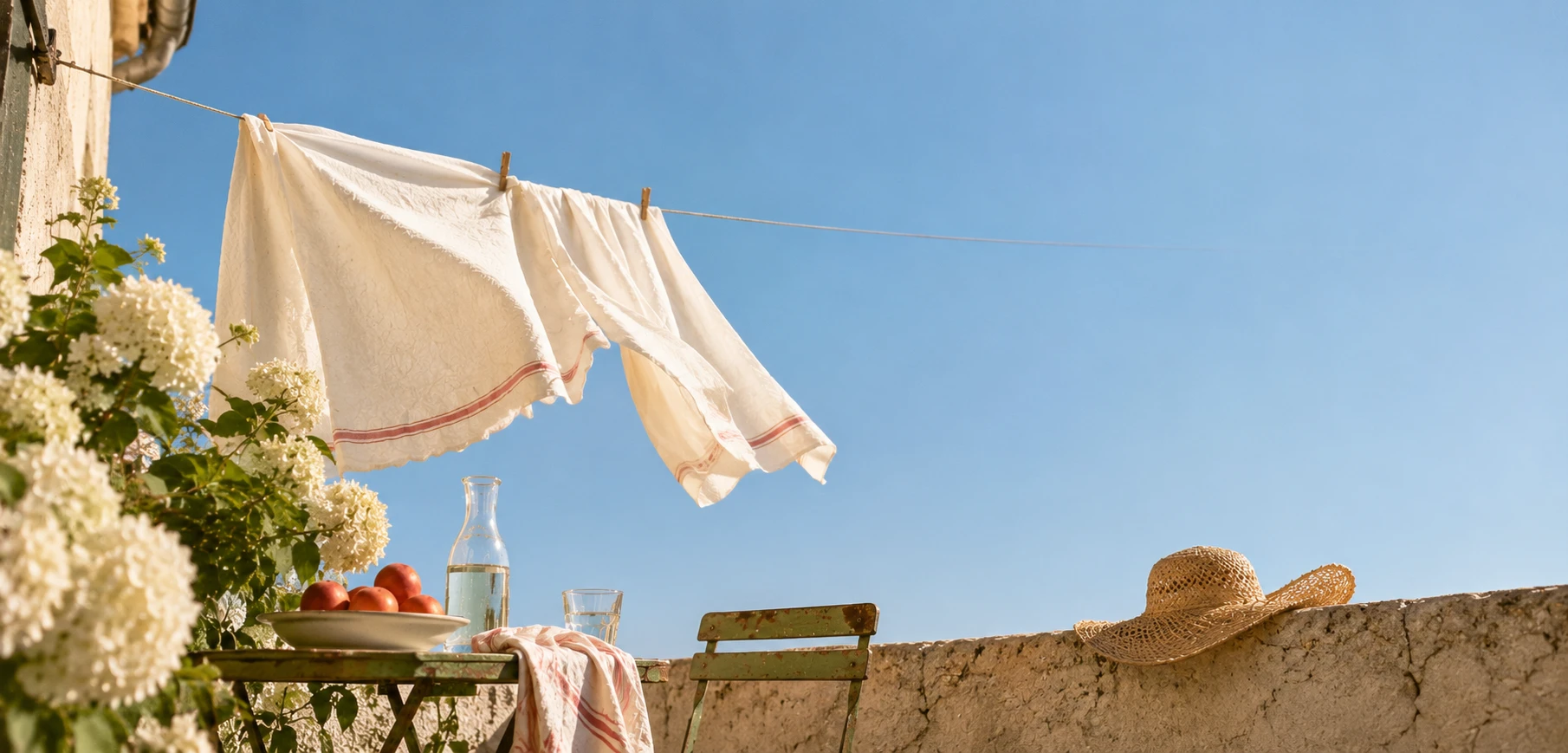 Linen tea towels drying on a line over a sunlit terrace, a table set with peaches and a carafe of water, a straw hat left on the wall